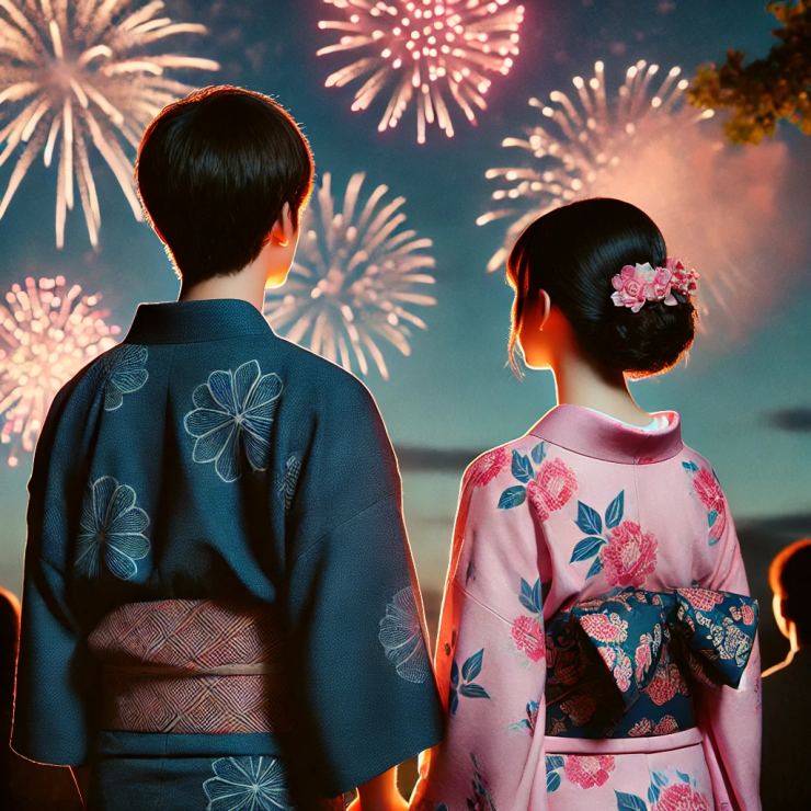 DALL·E 2024-07-24 09.40.10 - A young Japanese couple in traditional yukata attire watching fireworks, viewed from the back. The man is on the left, wearing a dark blue yukata with.webp